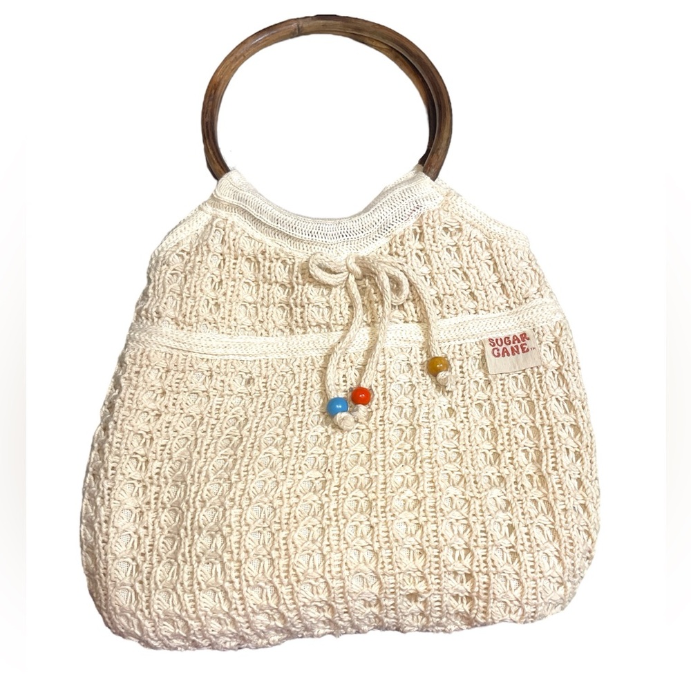Sugar Cane Sarné Cream Knit Women's Bag with Wooden Handles- Boho